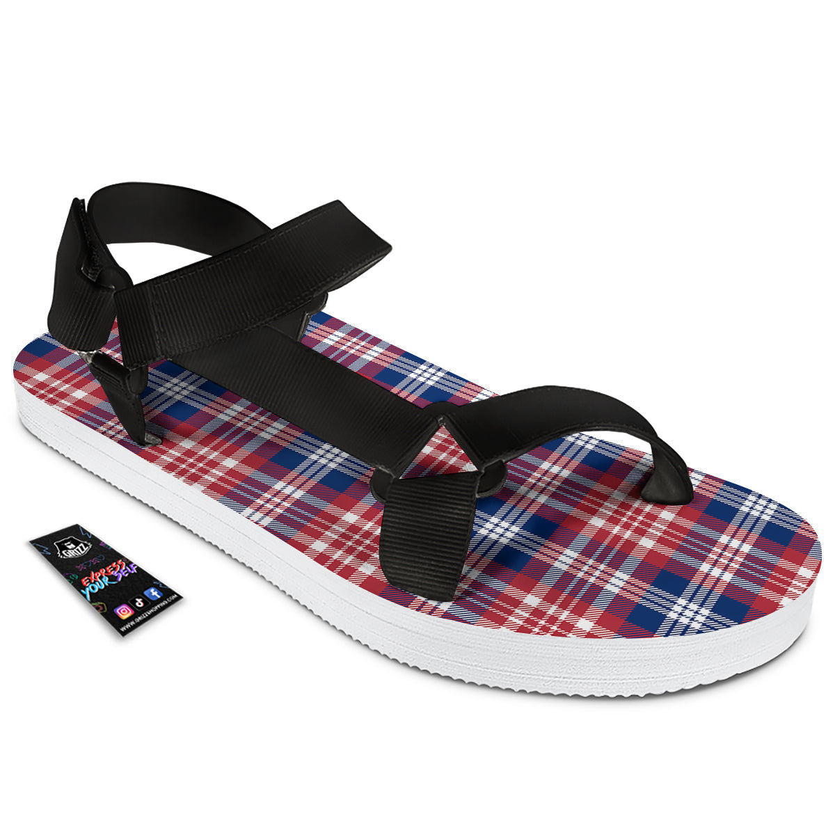 Plaid USA Print Pattern Black Open Toe Sandals-grizzshop