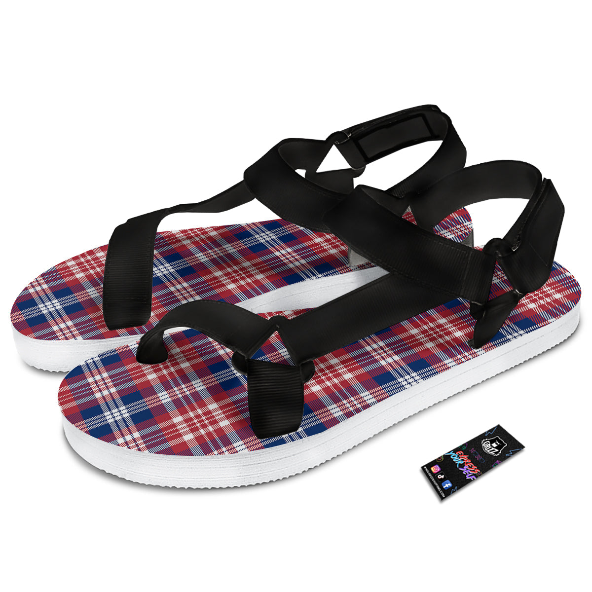 Plaid USA Print Pattern Black Open Toe Sandals-grizzshop