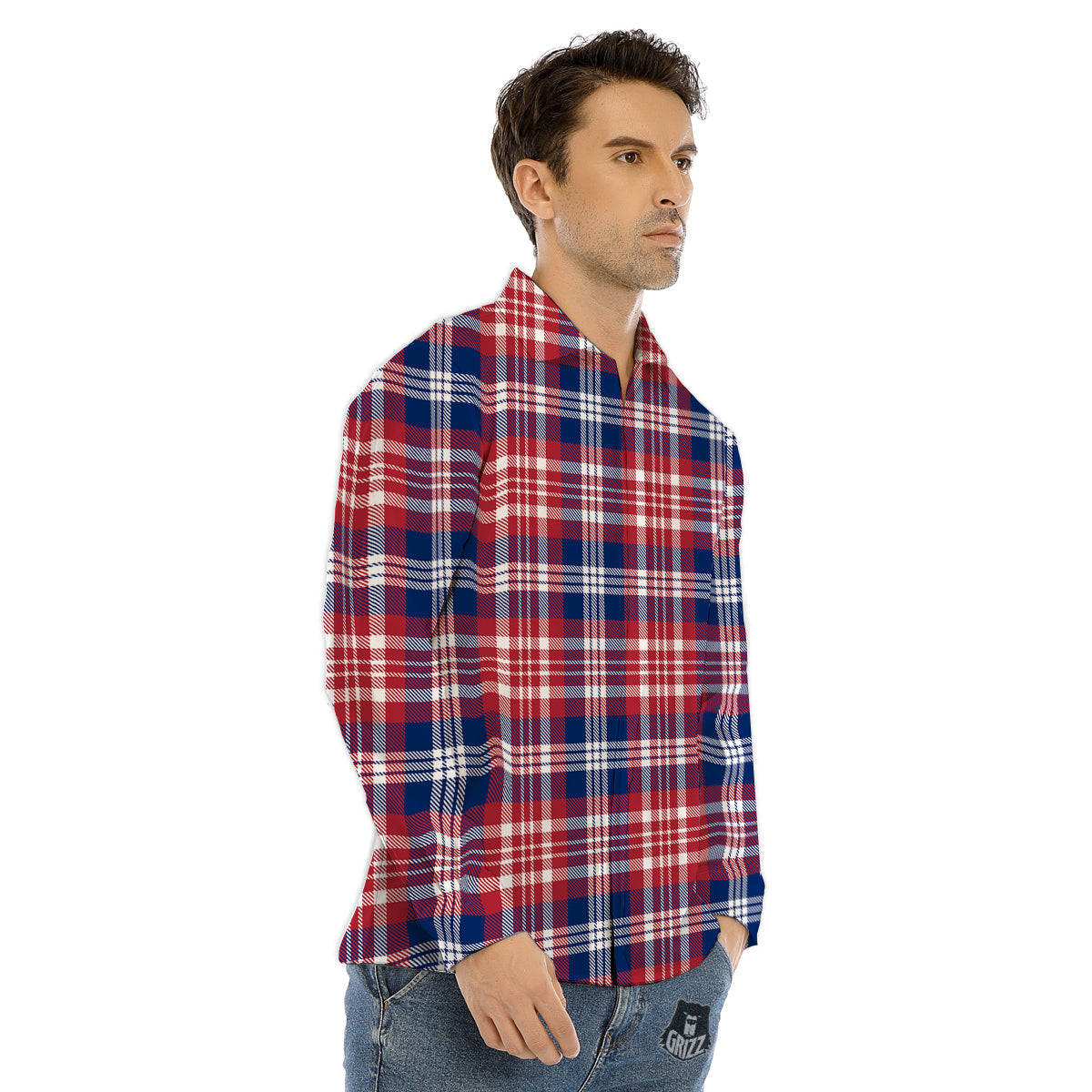 Plaid USA Print Pattern Men's Dress Shirts-grizzshop