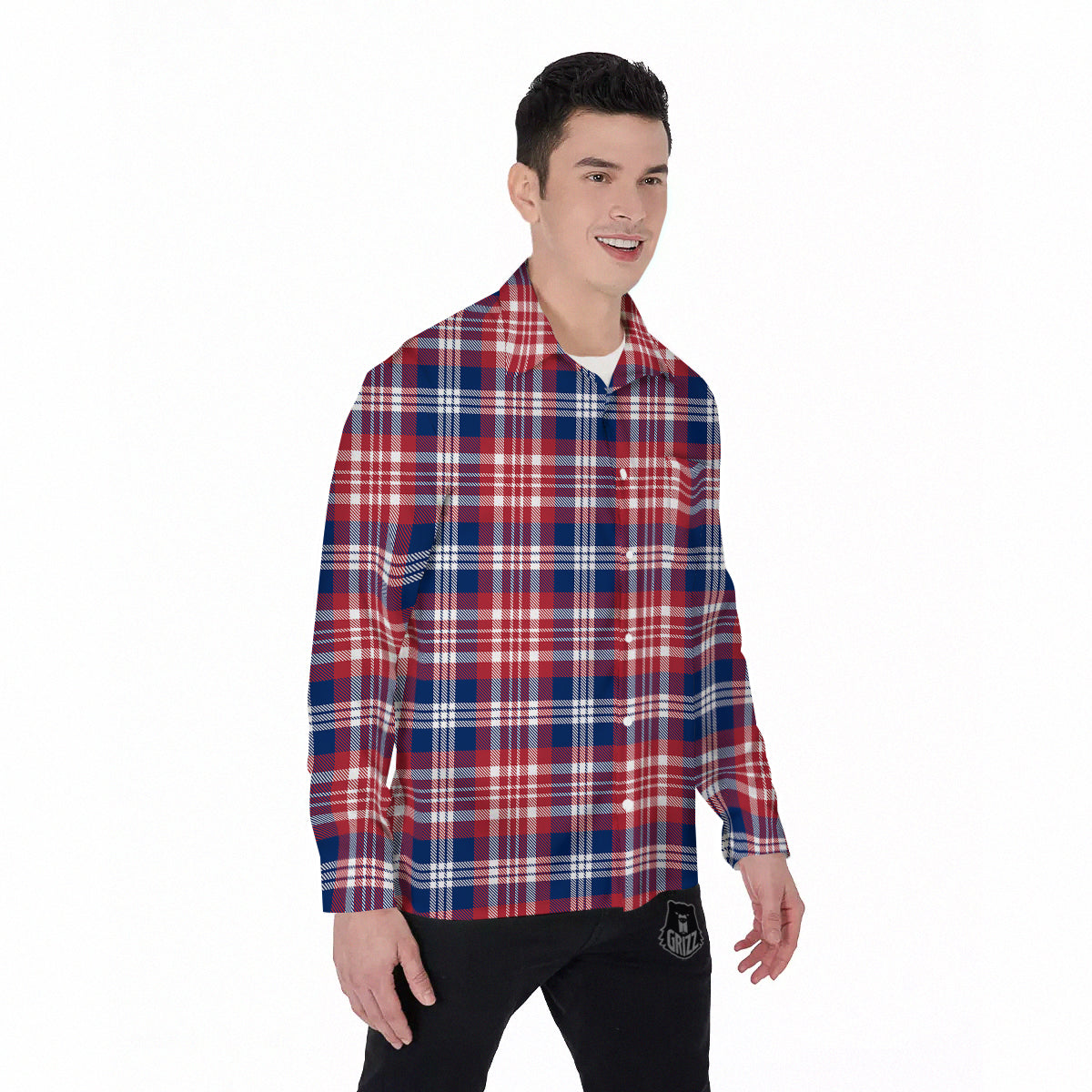 Plaid USA Print Pattern Men's Long Sleeve Shirts-grizzshop