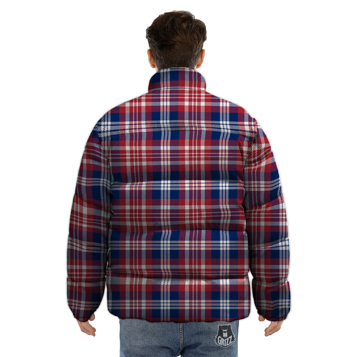 Plaid USA Print Pattern Puffer Jacket-grizzshop