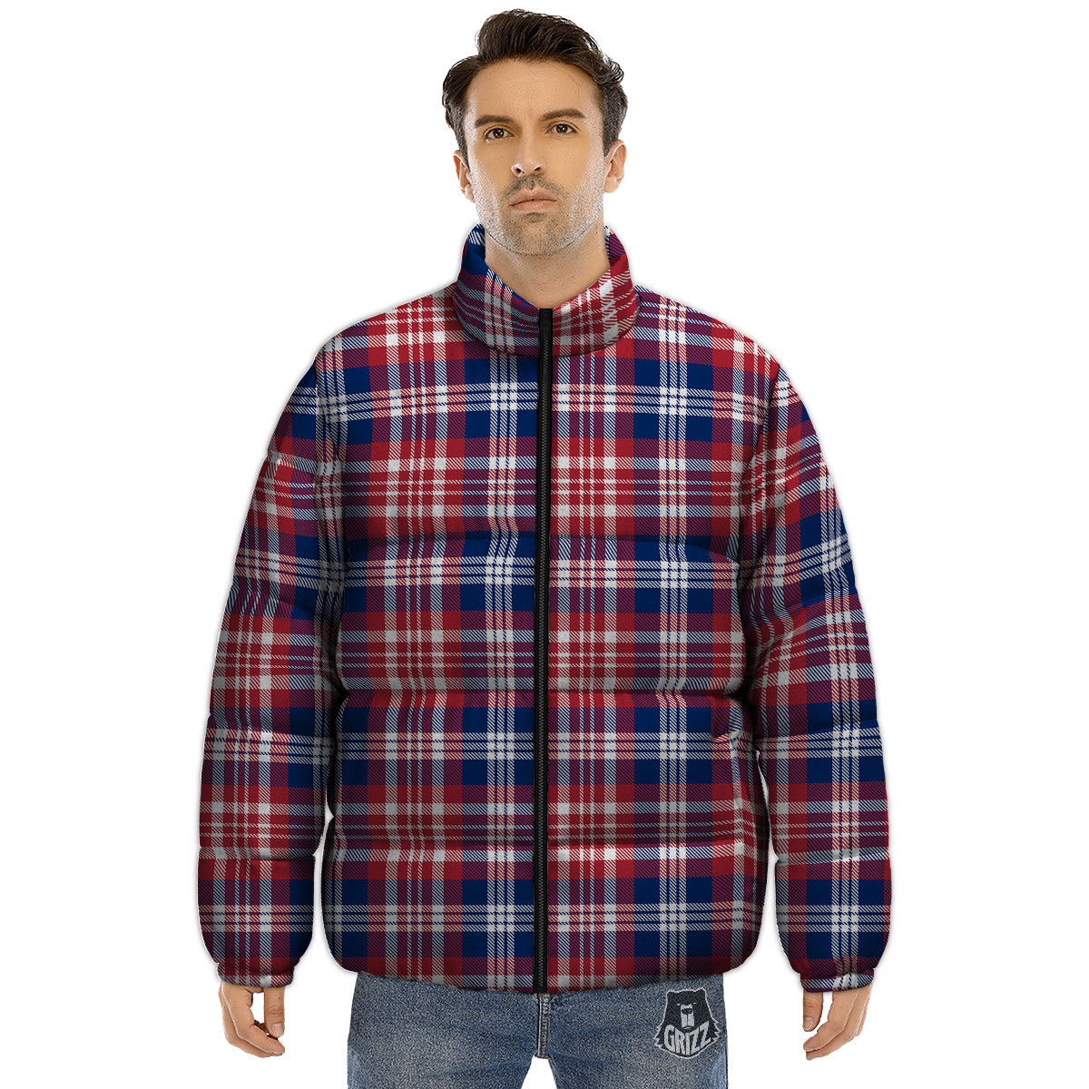 Plaid USA Print Pattern Puffer Jacket-grizzshop