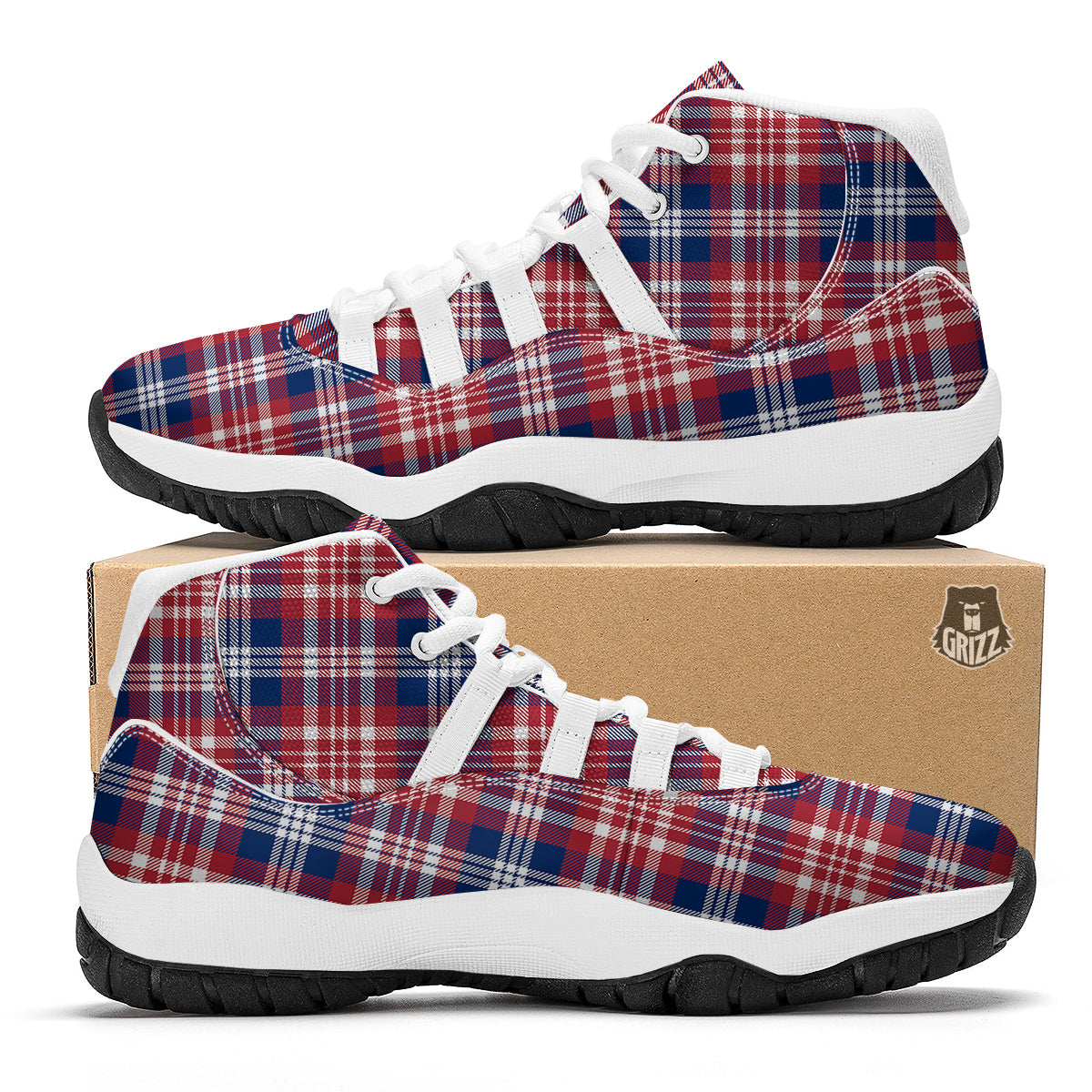 Plaid USA Print Pattern White Bball Shoes-grizzshop