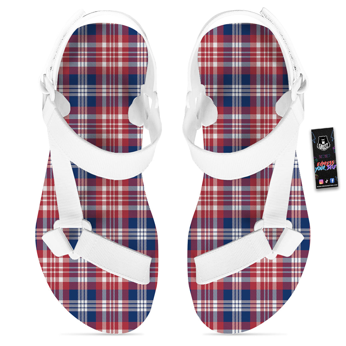 Plaid USA Print Pattern White Open Toe Sandals-grizzshop