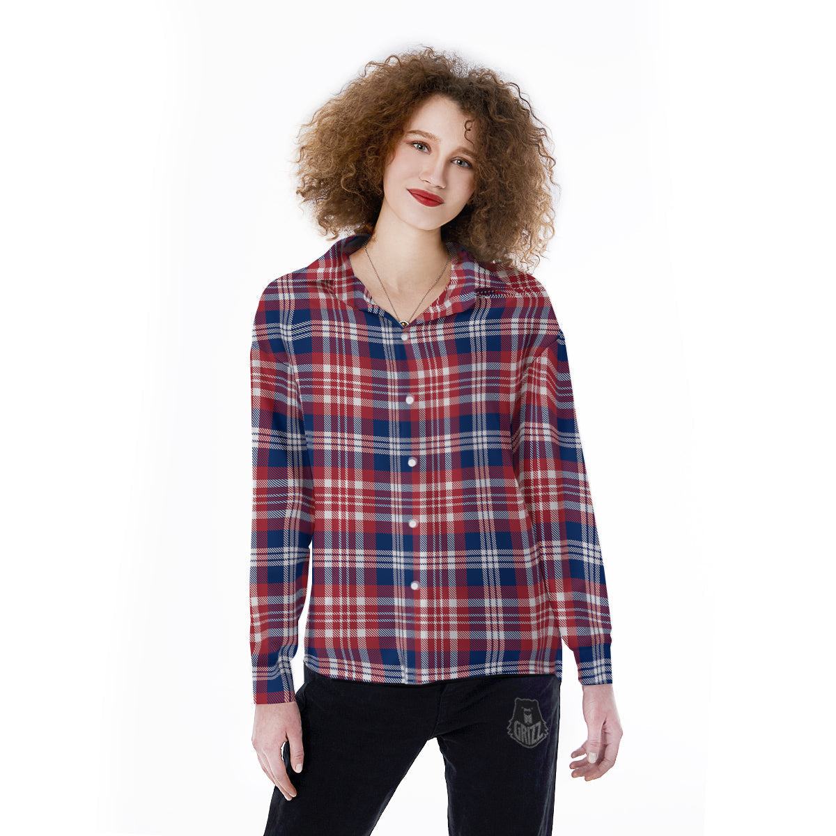 Plaid USA Print Pattern Women's Long Sleeve Shirts-grizzshop