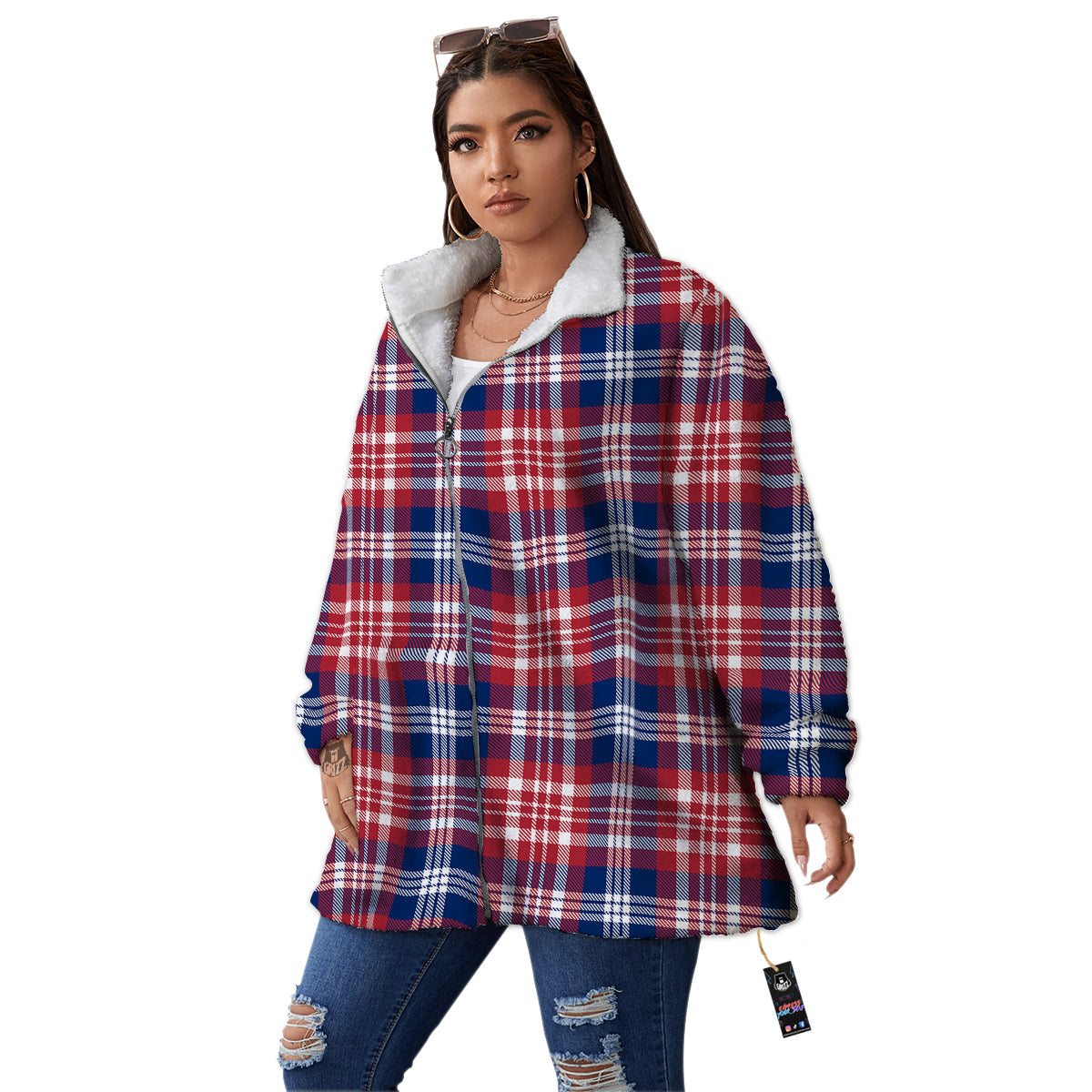 Plaid USA Print Pattern Women's Sherpa Jacket-grizzshop