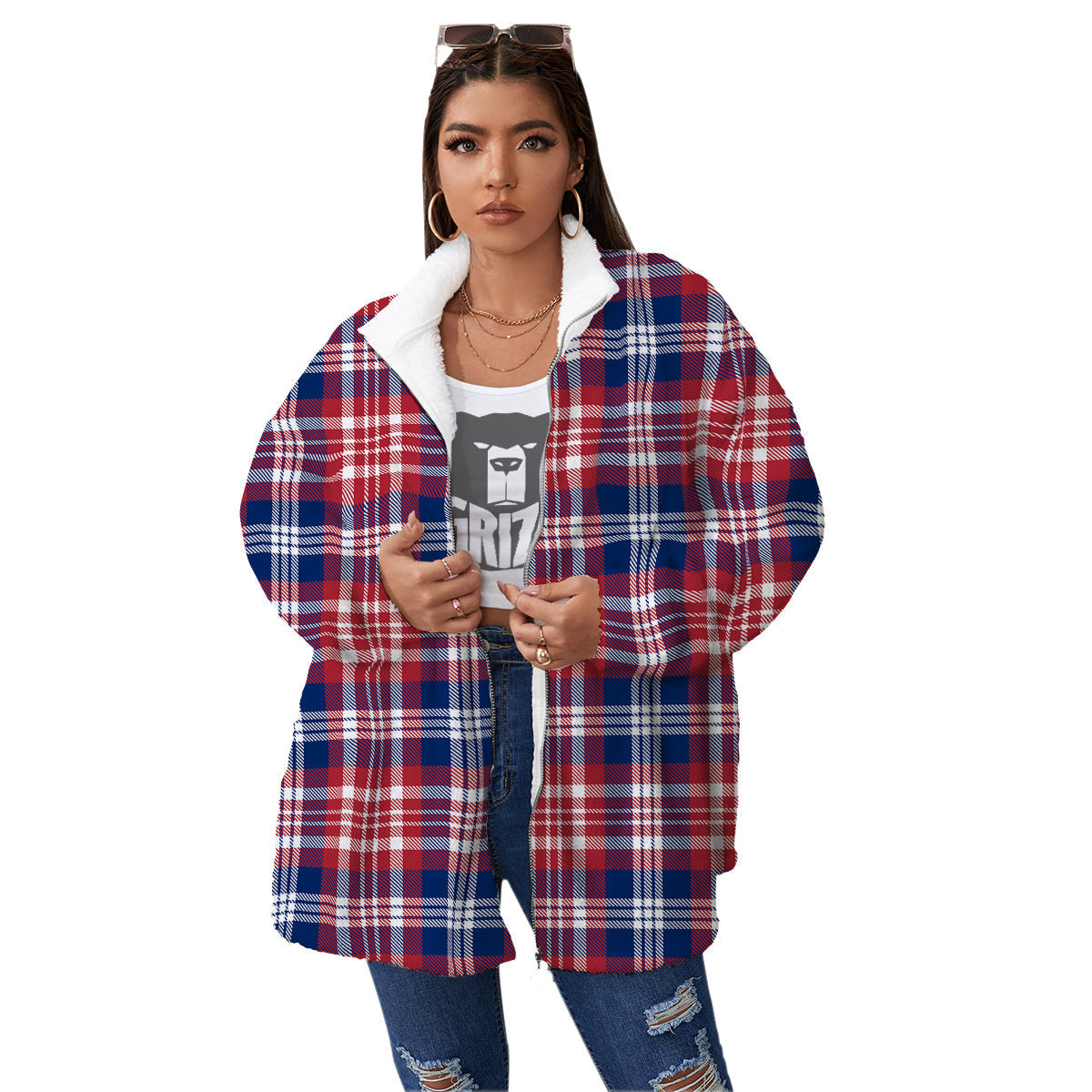 Plaid USA Print Pattern Women's Sherpa Jacket-grizzshop