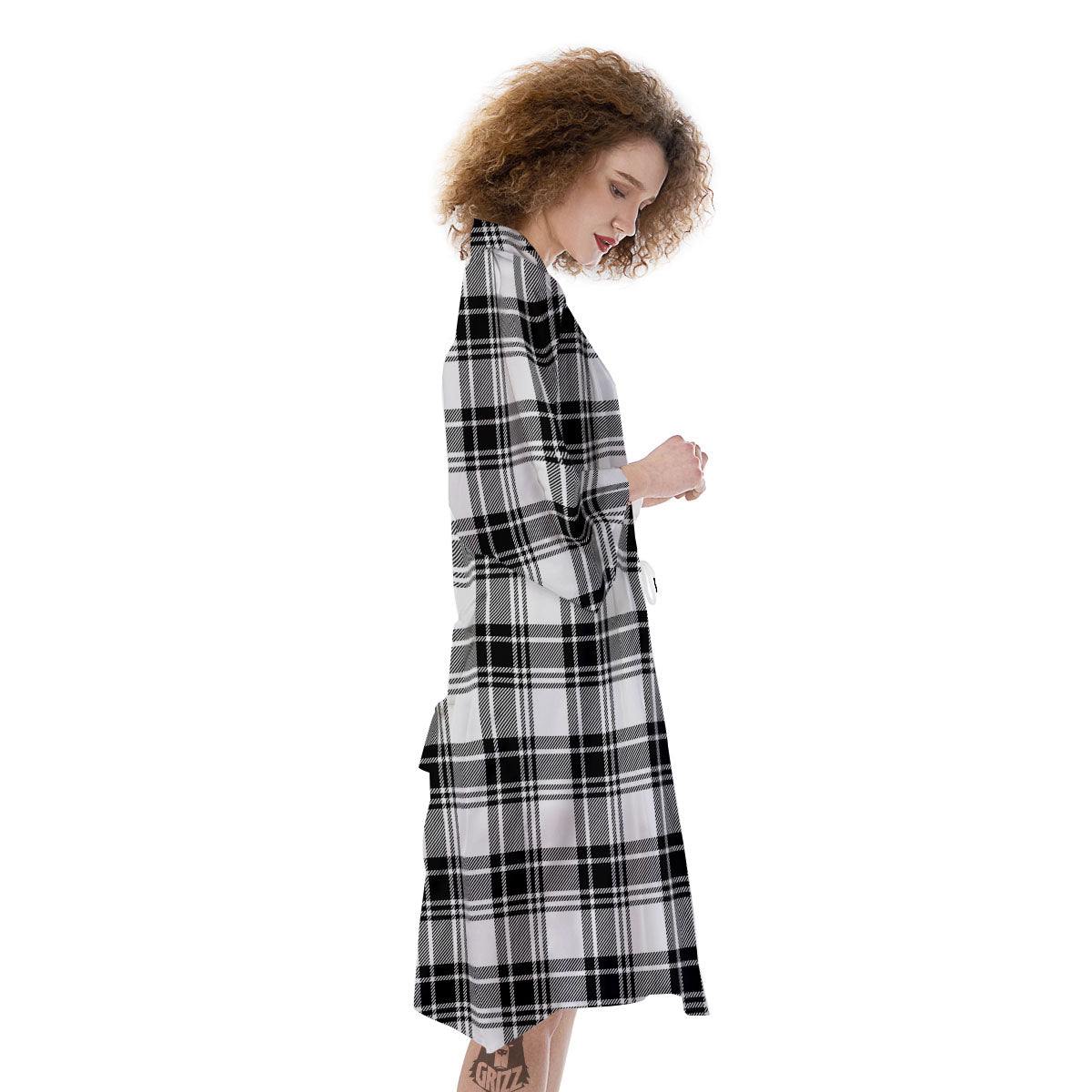 Plaid White And Black Print Pattern Kimono-grizzshop