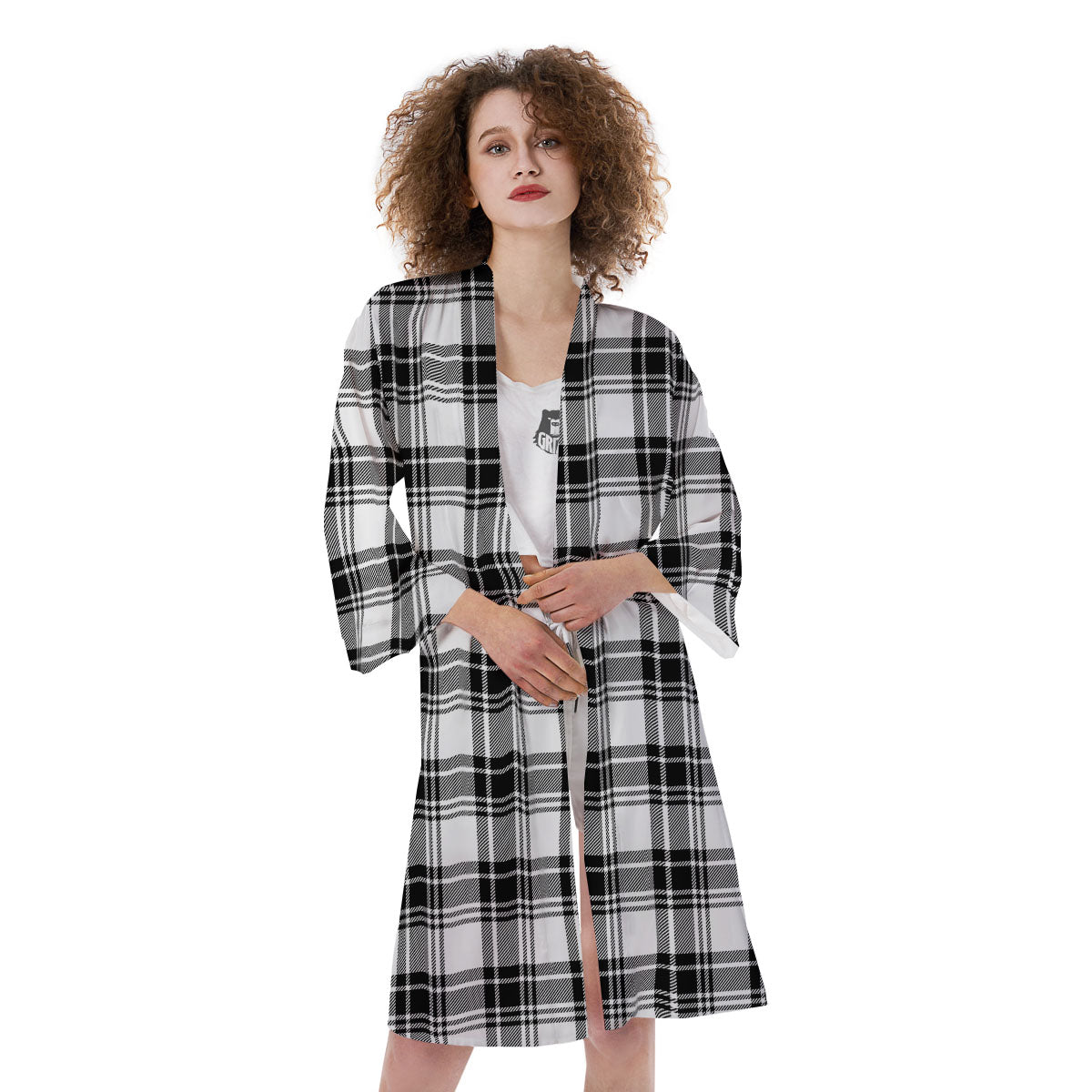 Plaid White And Black Print Pattern Kimono-grizzshop