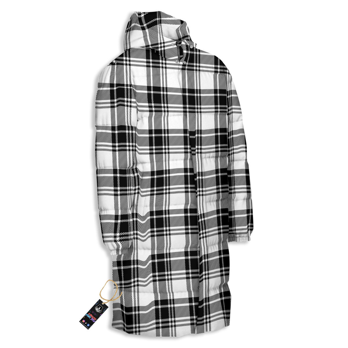 Plaid White And Black Print Pattern Long Down Jacket-grizzshop