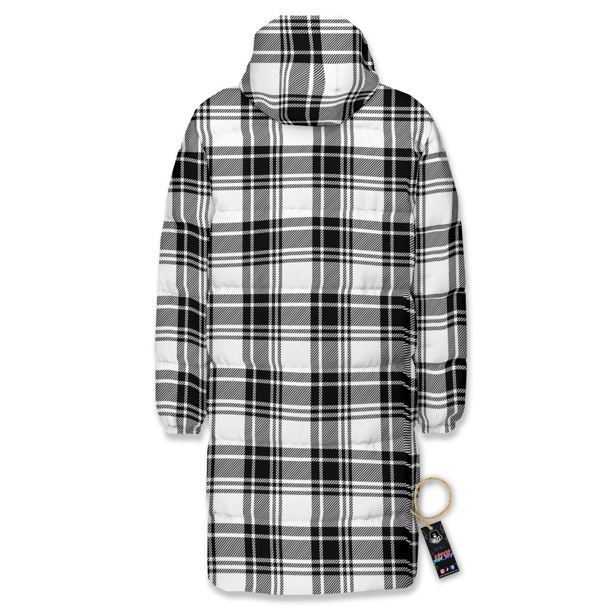 Plaid White And Black Print Pattern Long Down Jacket-grizzshop