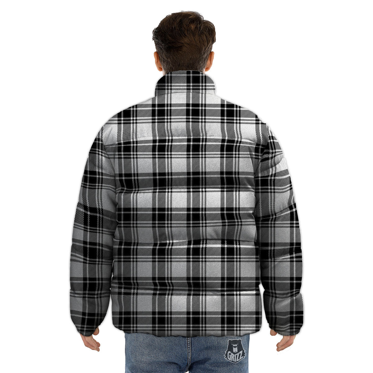Plaid White And Black Print Pattern Puffer Jacket-grizzshop