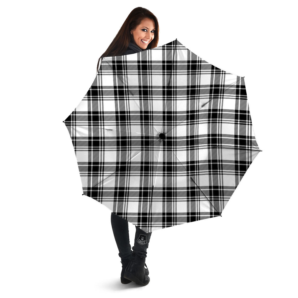 Plaid White And Black Print Pattern Umbrella-grizzshop
