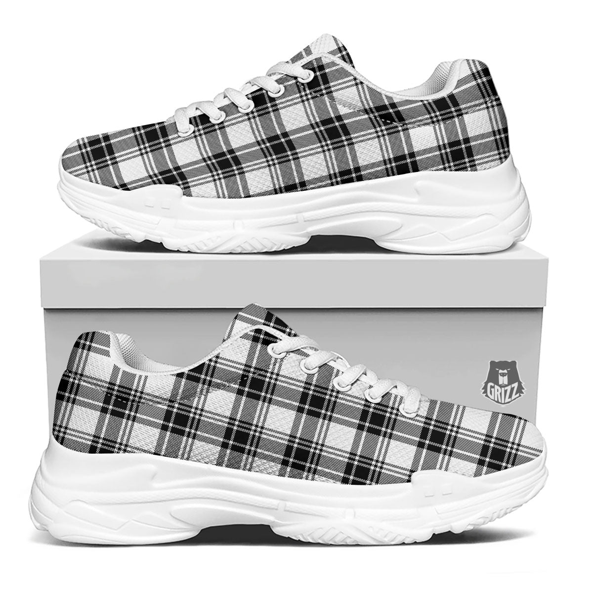 Plaid White And Black Print Pattern White Chunky Shoes-grizzshop