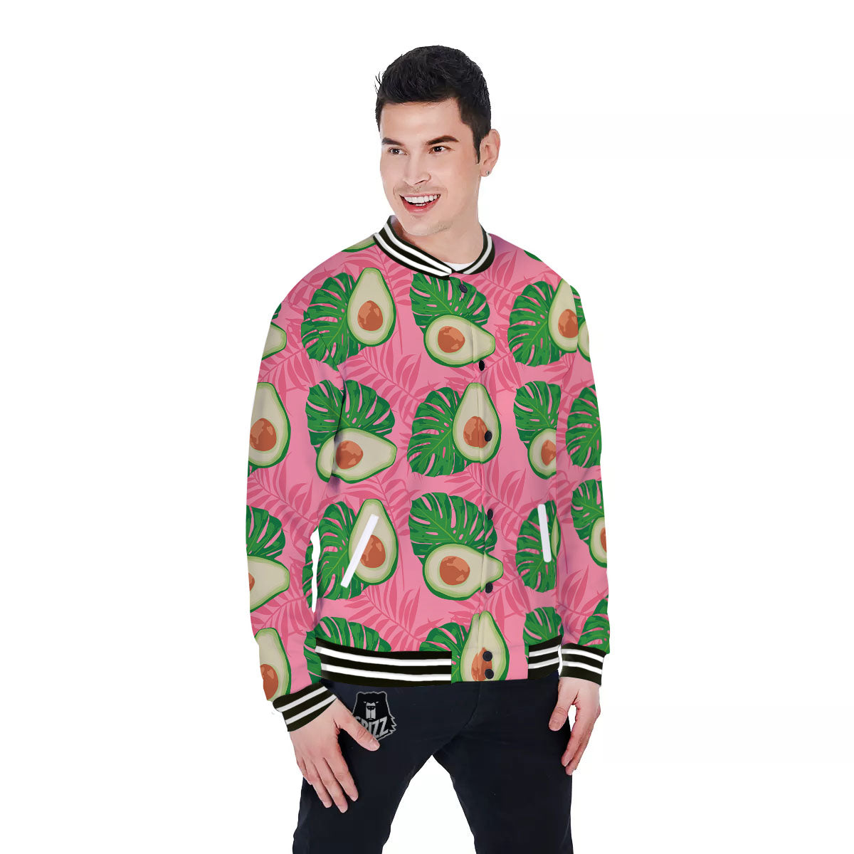 Plam Leaf And Avocado Pink Print Pattern Baseball Jacket-grizzshop