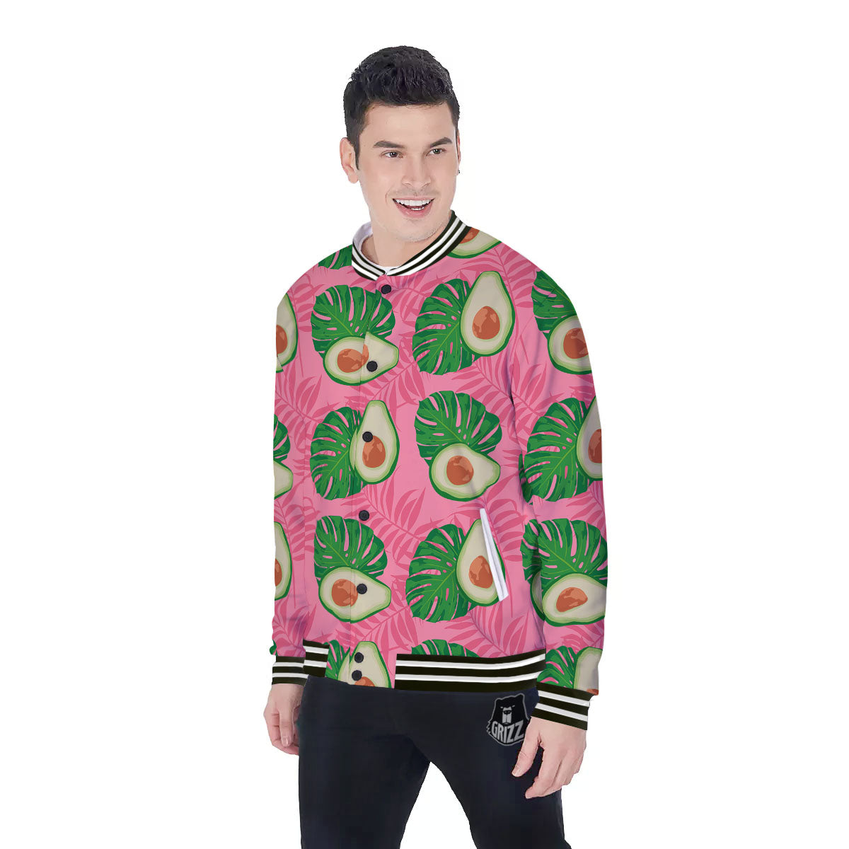 Plam Leaf And Avocado Pink Print Pattern Baseball Jacket-grizzshop