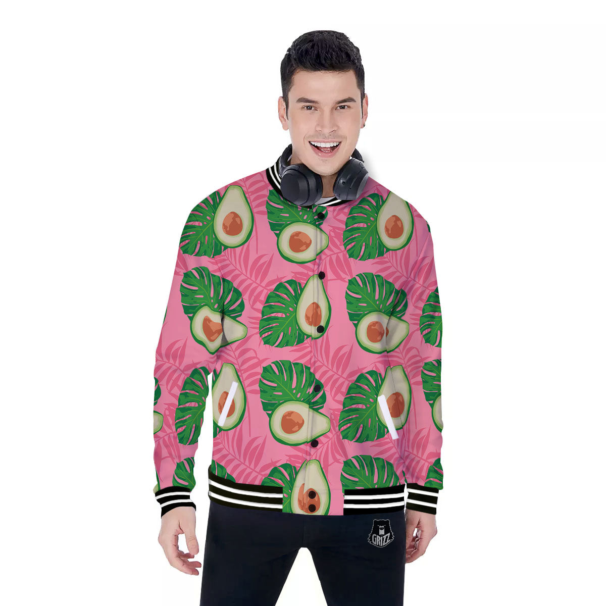 Plam Leaf And Avocado Pink Print Pattern Baseball Jacket-grizzshop