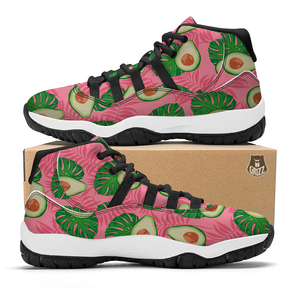 Plam Leaf And Avocado Pink Print Pattern Black Bball Shoes-grizzshop