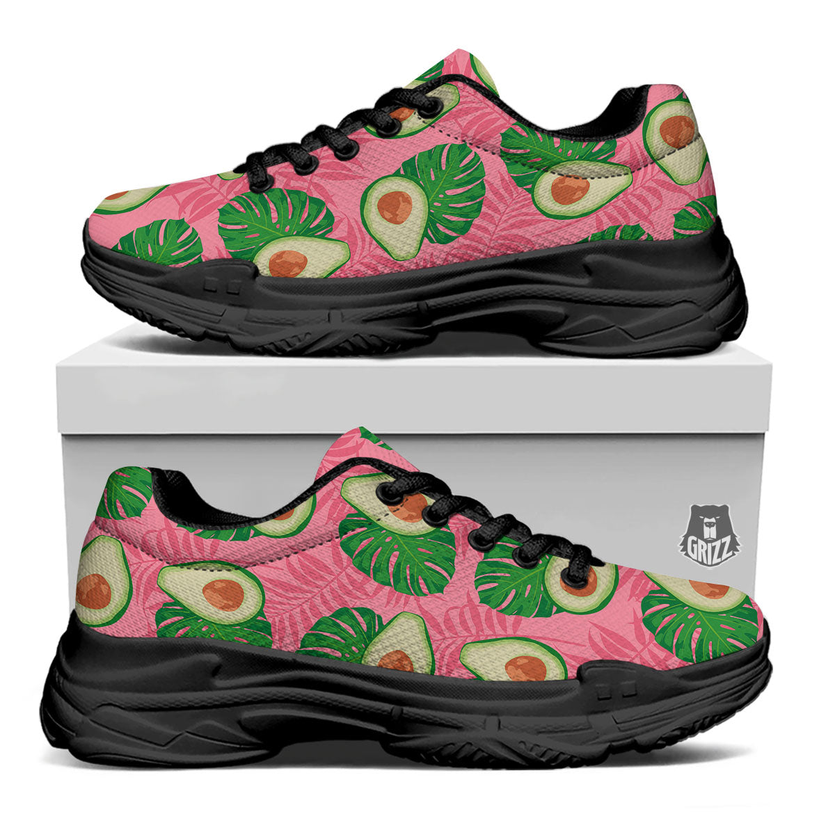 Plam Leaf And Avocado Pink Print Pattern Black Chunky Shoes-grizzshop