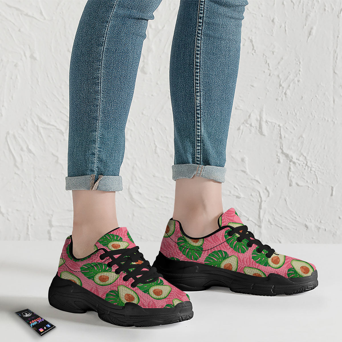 Plam Leaf And Avocado Pink Print Pattern Black Chunky Shoes-grizzshop
