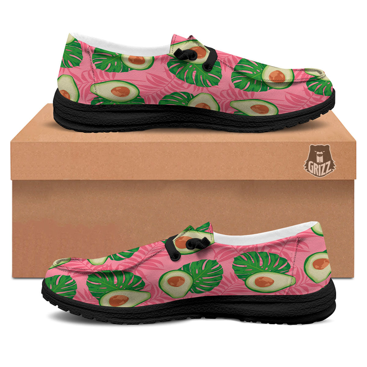 Plam Leaf And Avocado Pink Print Pattern Black Loafers-grizzshop