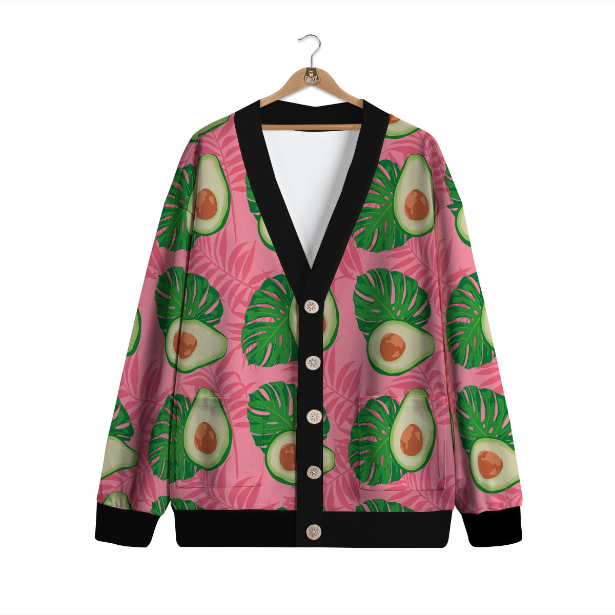 Plam Leaf And Avocado Pink Print Pattern Cardigan-grizzshop