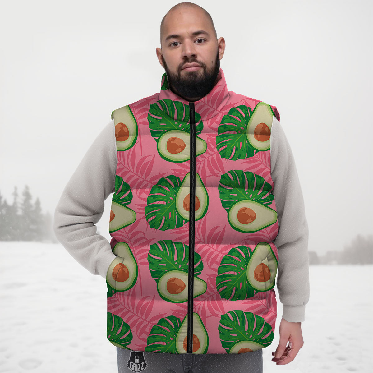 Plam Leaf And Avocado Pink Print Pattern Down Vest