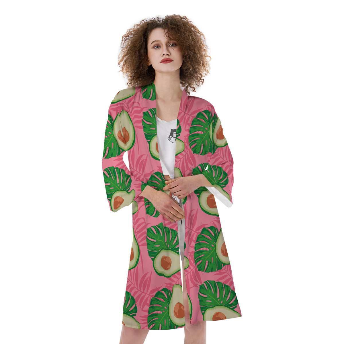 Plam Leaf And Avocado Pink Print Pattern Kimono-grizzshop