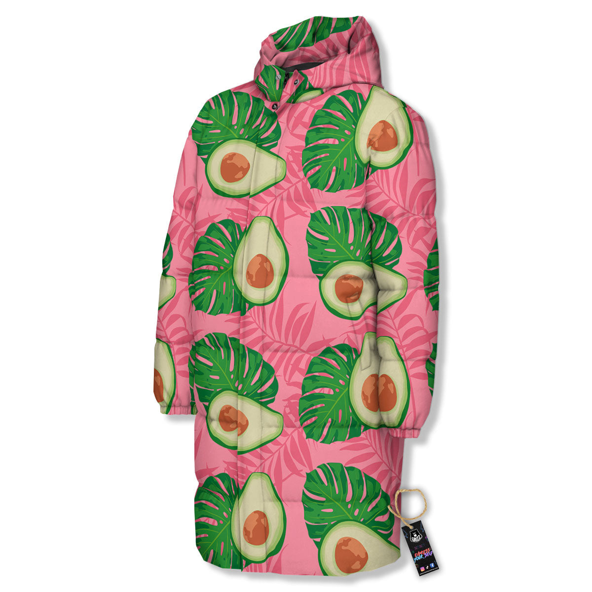 Plam Leaf And Avocado Pink Print Pattern Long Down Jacket-grizzshop