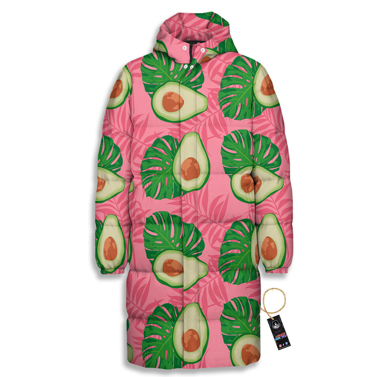 Plam Leaf And Avocado Pink Print Pattern Long Down Jacket-grizzshop