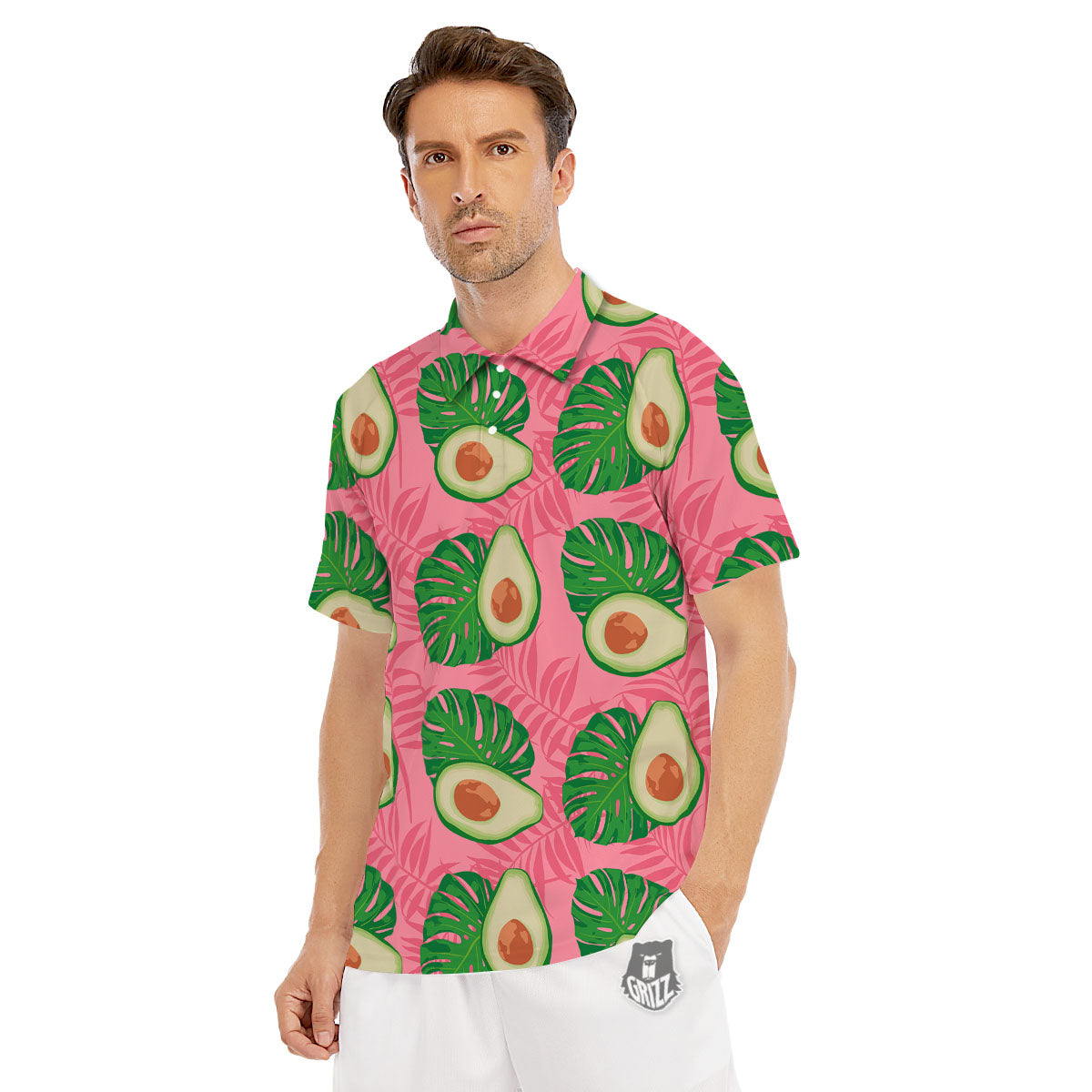 Plam Leaf And Avocado Pink Print Pattern Men's Golf Shirts-grizzshop