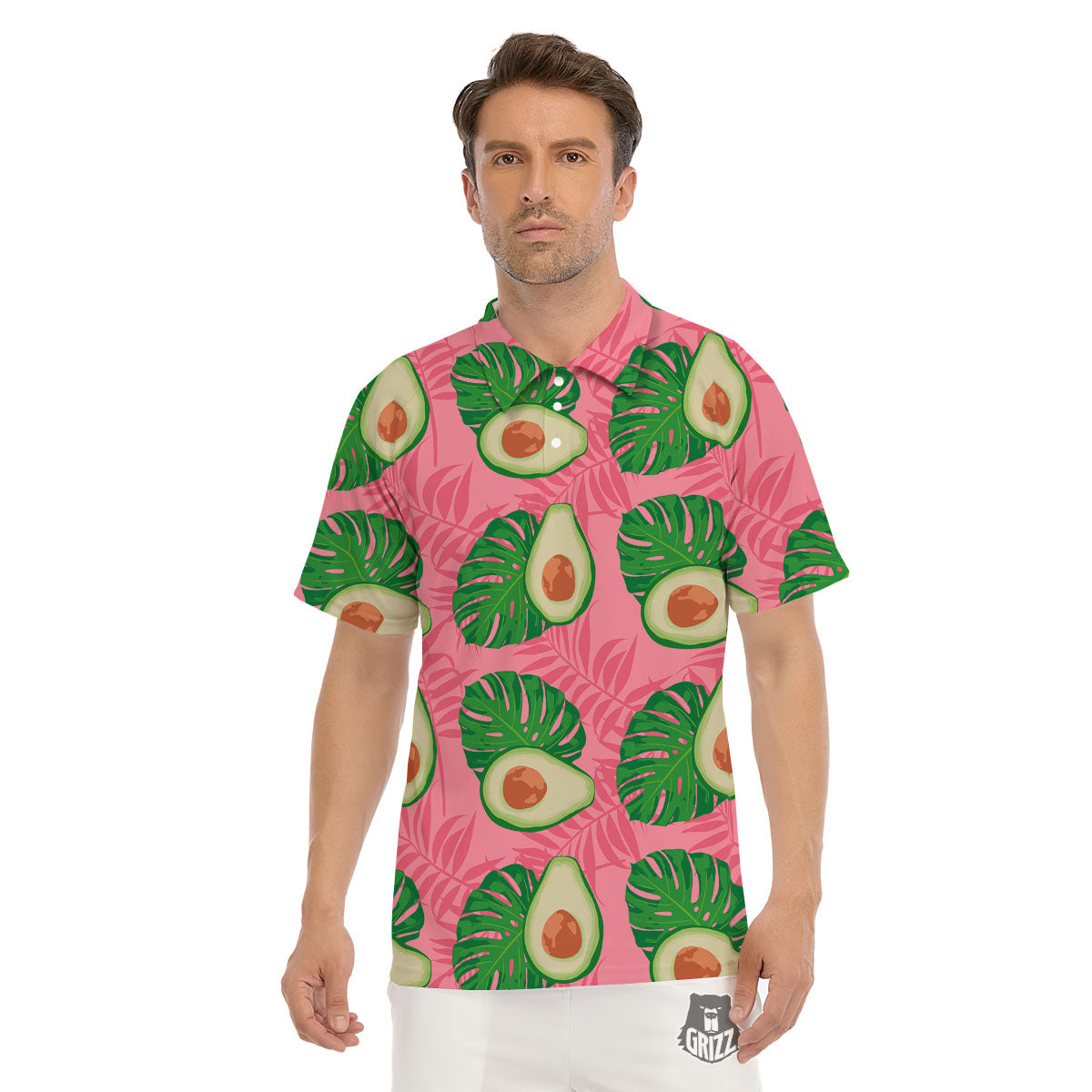 Plam Leaf And Avocado Pink Print Pattern Men's Golf Shirts-grizzshop