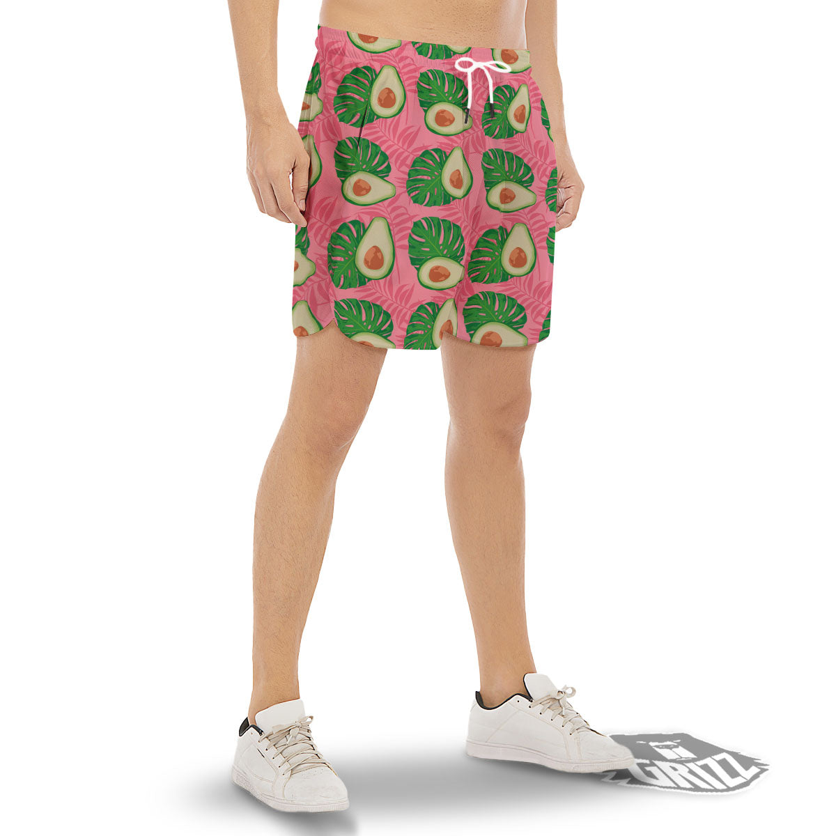 Plam Leaf And Avocado Pink Print Pattern Men's Gym Shorts-grizzshop
