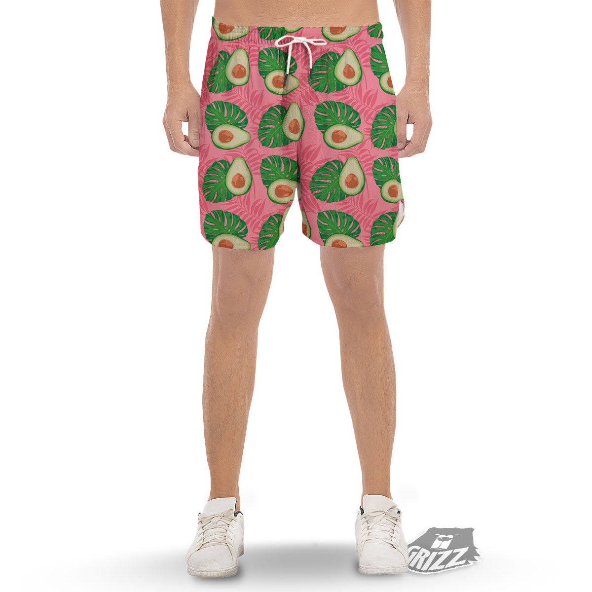 Plam Leaf And Avocado Pink Print Pattern Men's Gym Shorts-grizzshop