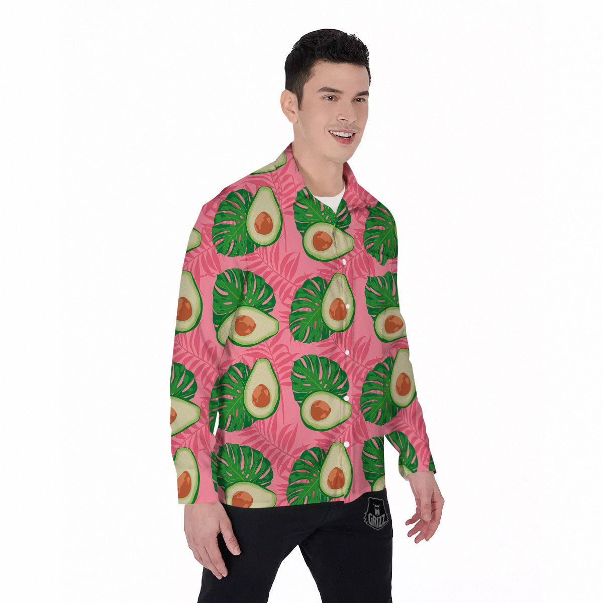 Plam Leaf And Avocado Pink Print Pattern Men's Long Sleeve Shirts-grizzshop