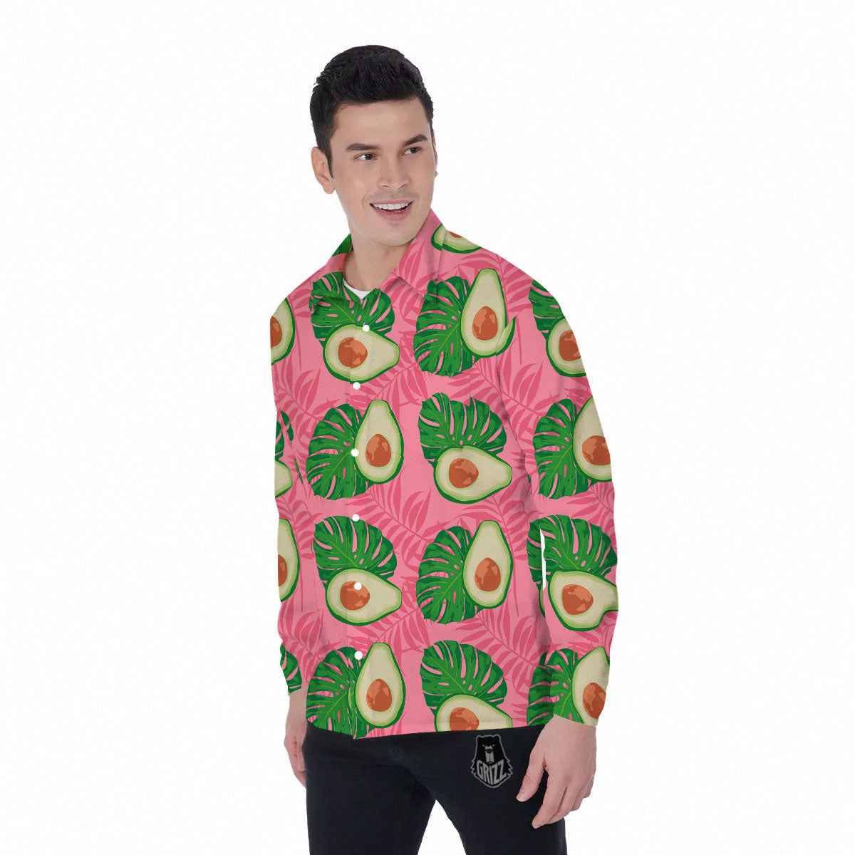 Plam Leaf And Avocado Pink Print Pattern Men's Long Sleeve Shirts-grizzshop