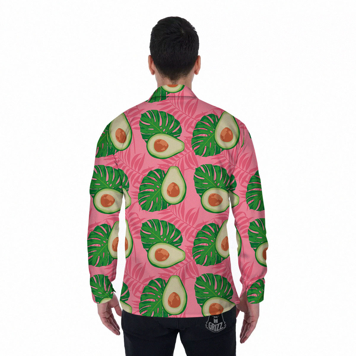 Plam Leaf And Avocado Pink Print Pattern Men's Long Sleeve Shirts-grizzshop
