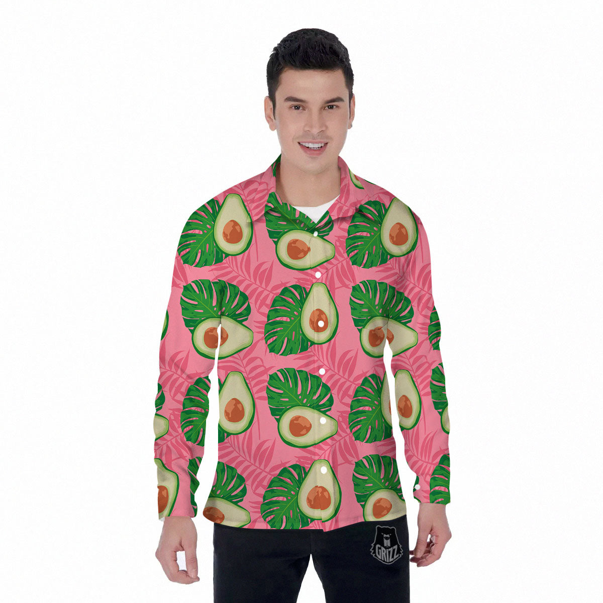 Plam Leaf And Avocado Pink Print Pattern Men's Long Sleeve Shirts-grizzshop