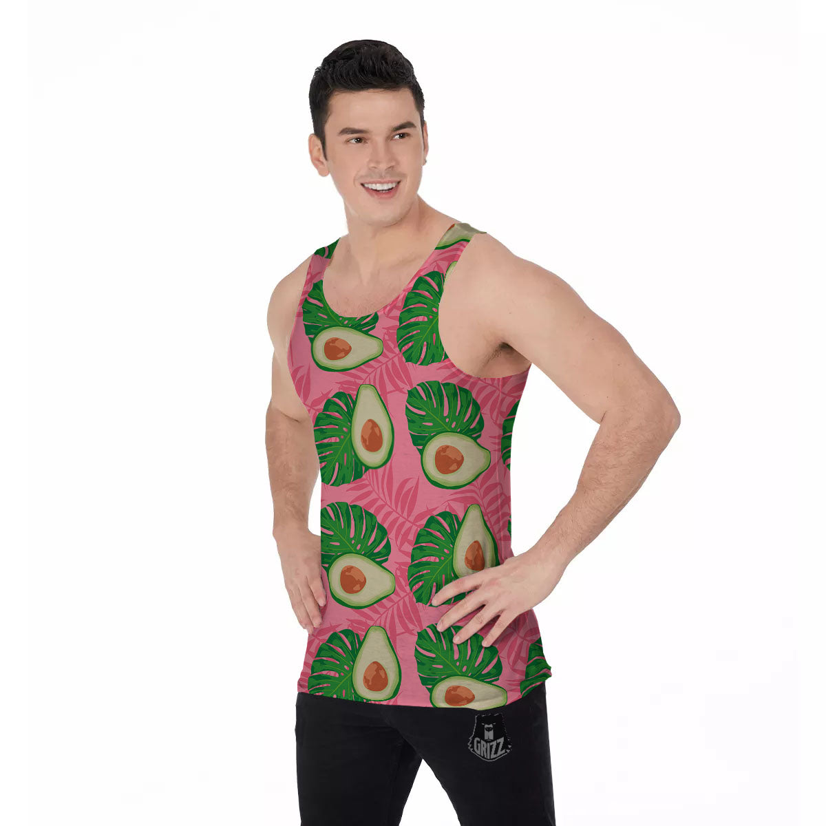 Plam Leaf And Avocado Pink Print Pattern Men's Tank Top-grizzshop