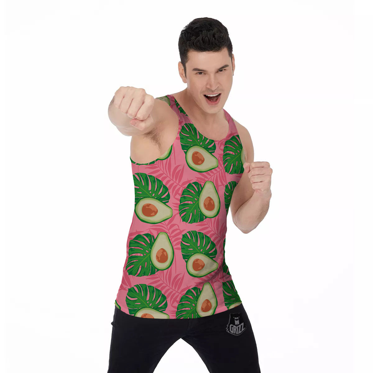 Plam Leaf And Avocado Pink Print Pattern Men's Tank Top-grizzshop