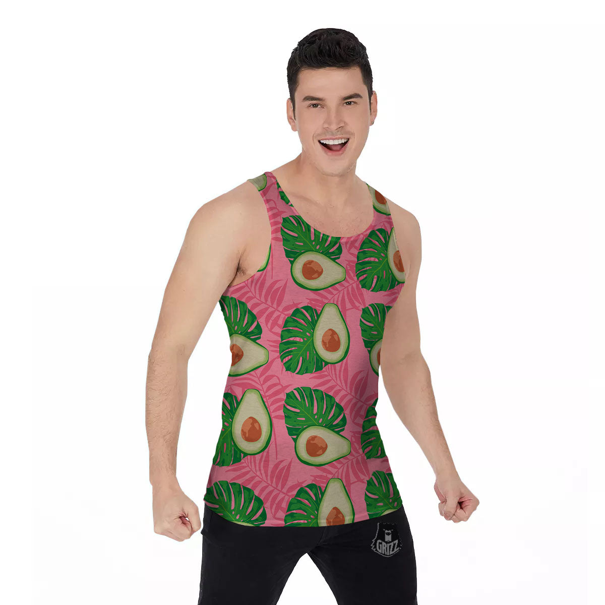 Plam Leaf And Avocado Pink Print Pattern Men's Tank Top-grizzshop