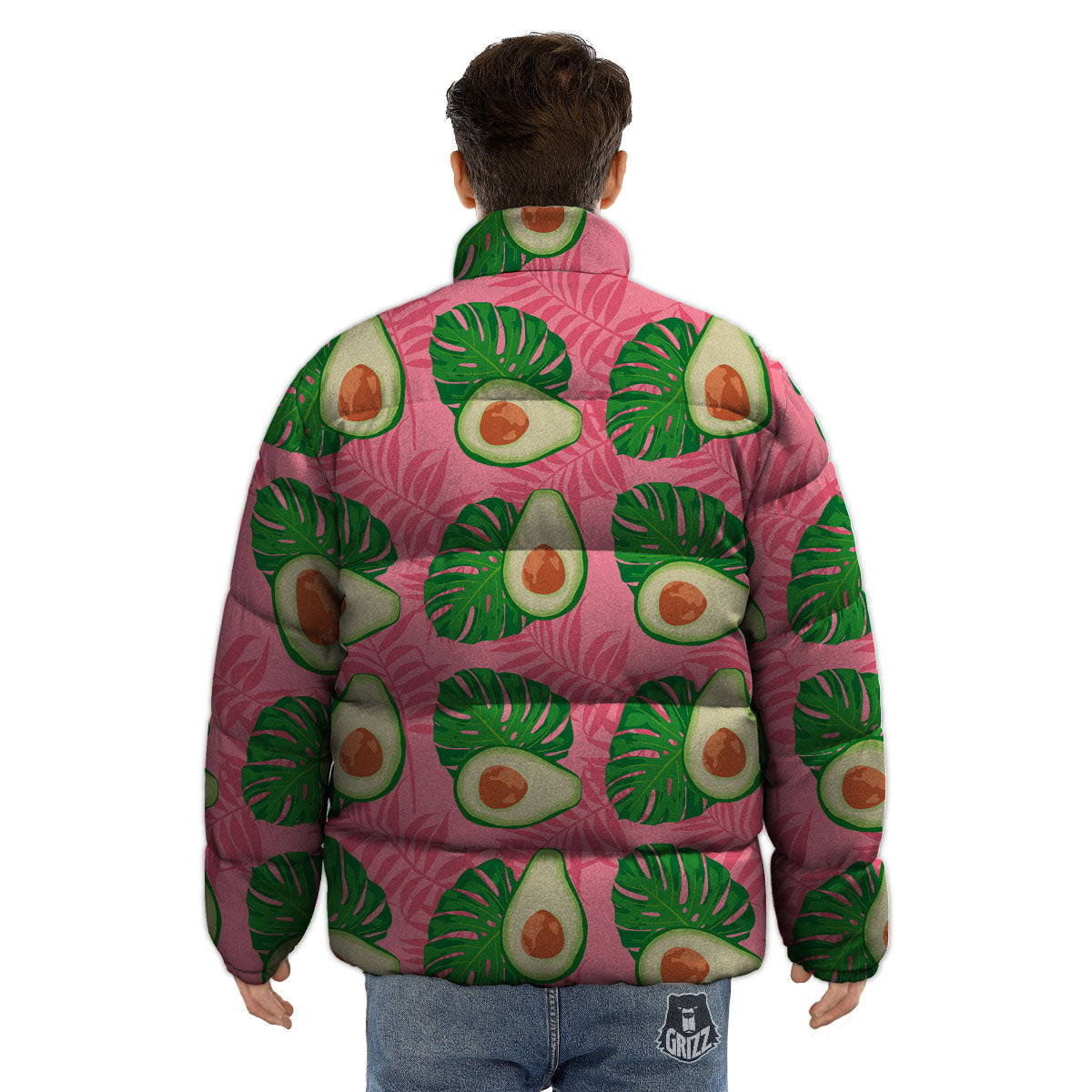 Plam Leaf And Avocado Pink Print Pattern Puffer Jacket-grizzshop