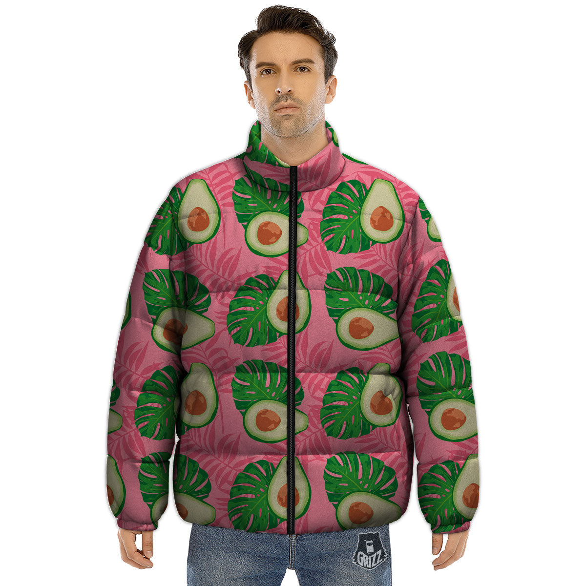 Plam Leaf And Avocado Pink Print Pattern Puffer Jacket-grizzshop