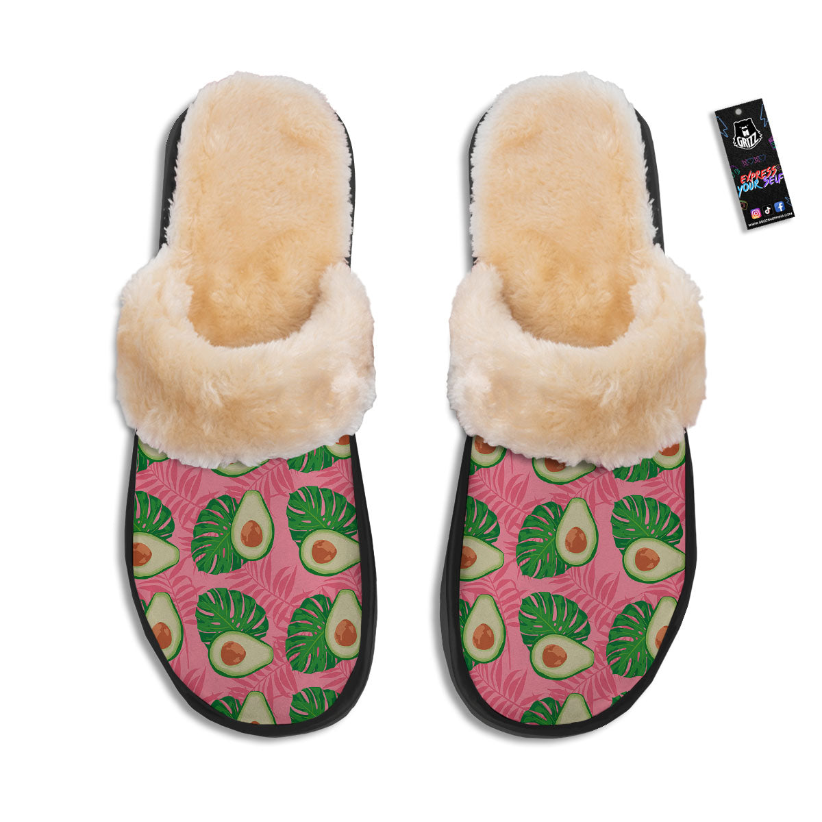Plam Leaf And Avocado Pink Print Pattern Slippers-grizzshop