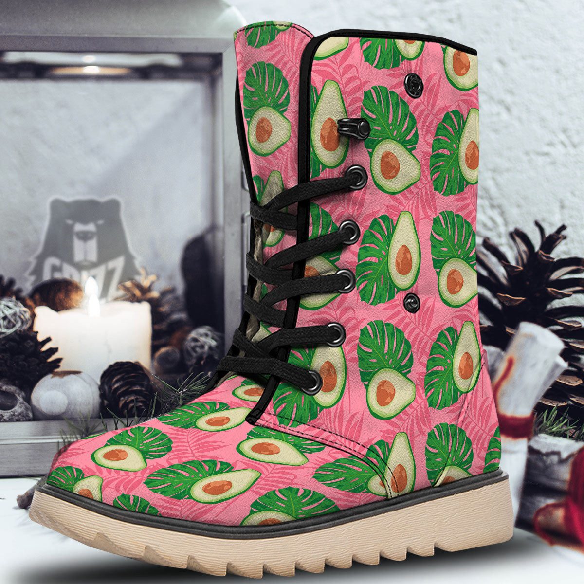 Plam Leaf And Avocado Pink Print Pattern Snow Boots-grizzshop