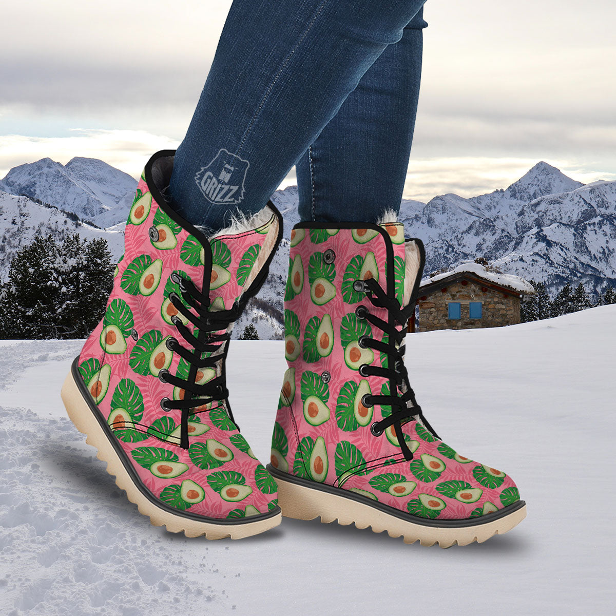 Plam Leaf And Avocado Pink Print Pattern Snow Boots-grizzshop