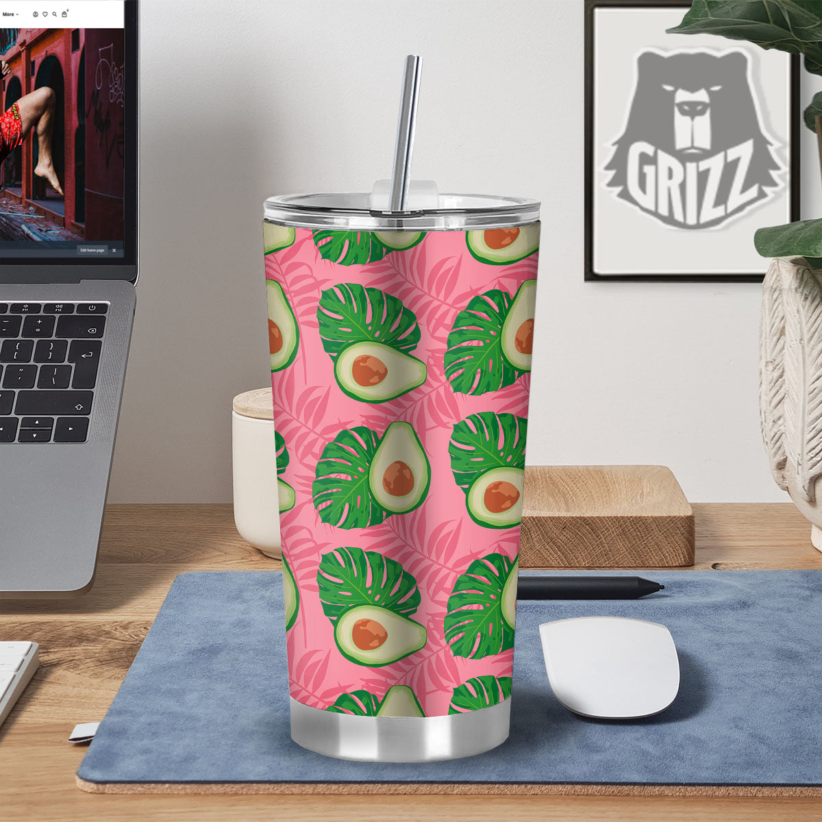 Plam Leaf And Avocado Pink Print Pattern Tumbler-grizzshop