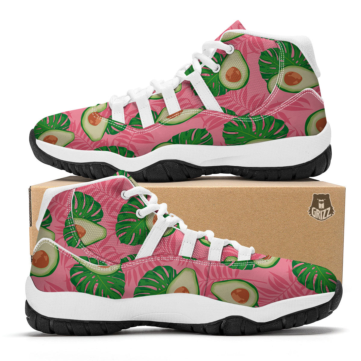 Plam Leaf And Avocado Pink Print Pattern White Bball Shoes-grizzshop