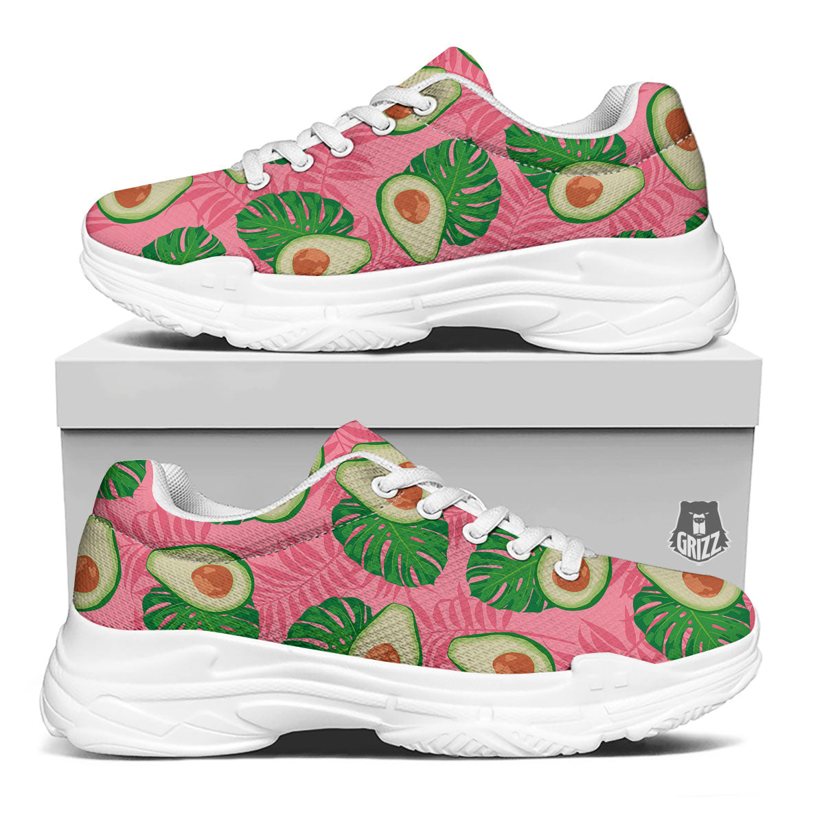 Plam Leaf And Avocado Pink Print Pattern White Chunky Shoes-grizzshop