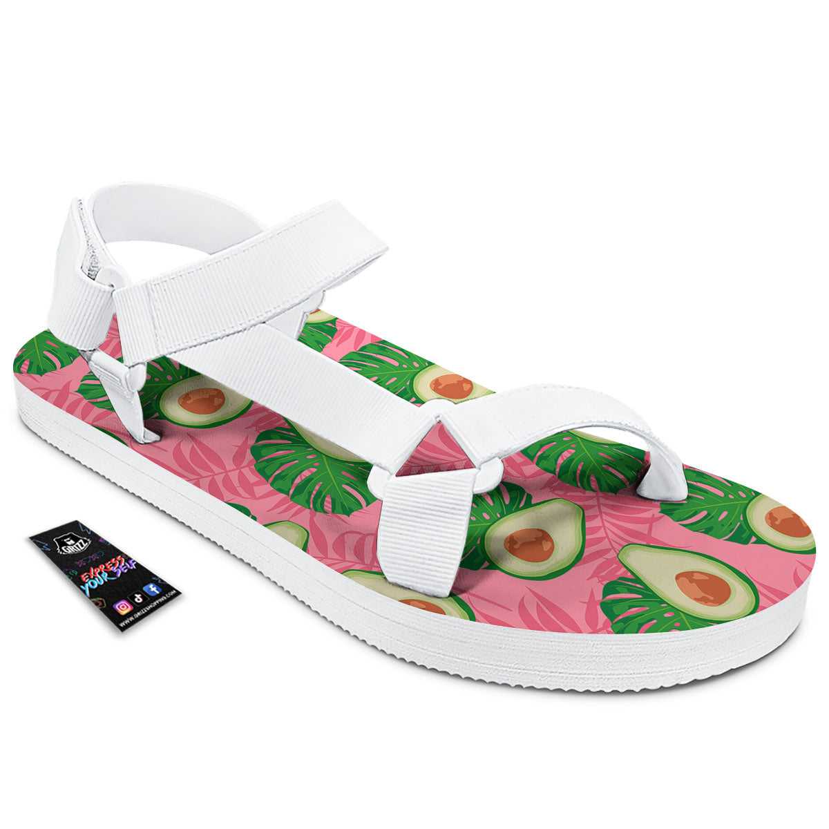 Plam Leaf And Avocado Pink Print Pattern White Open Toe Sandals-grizzshop